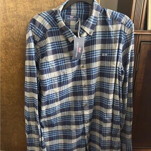 Vineyard Vines Men's Navy and Gray Plaid Shirt